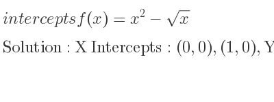 The intercepts of f(x)=x^2-sqrt(x) is X Intercepts: (0,0),(1,0),Y Intercepts: (0,0)